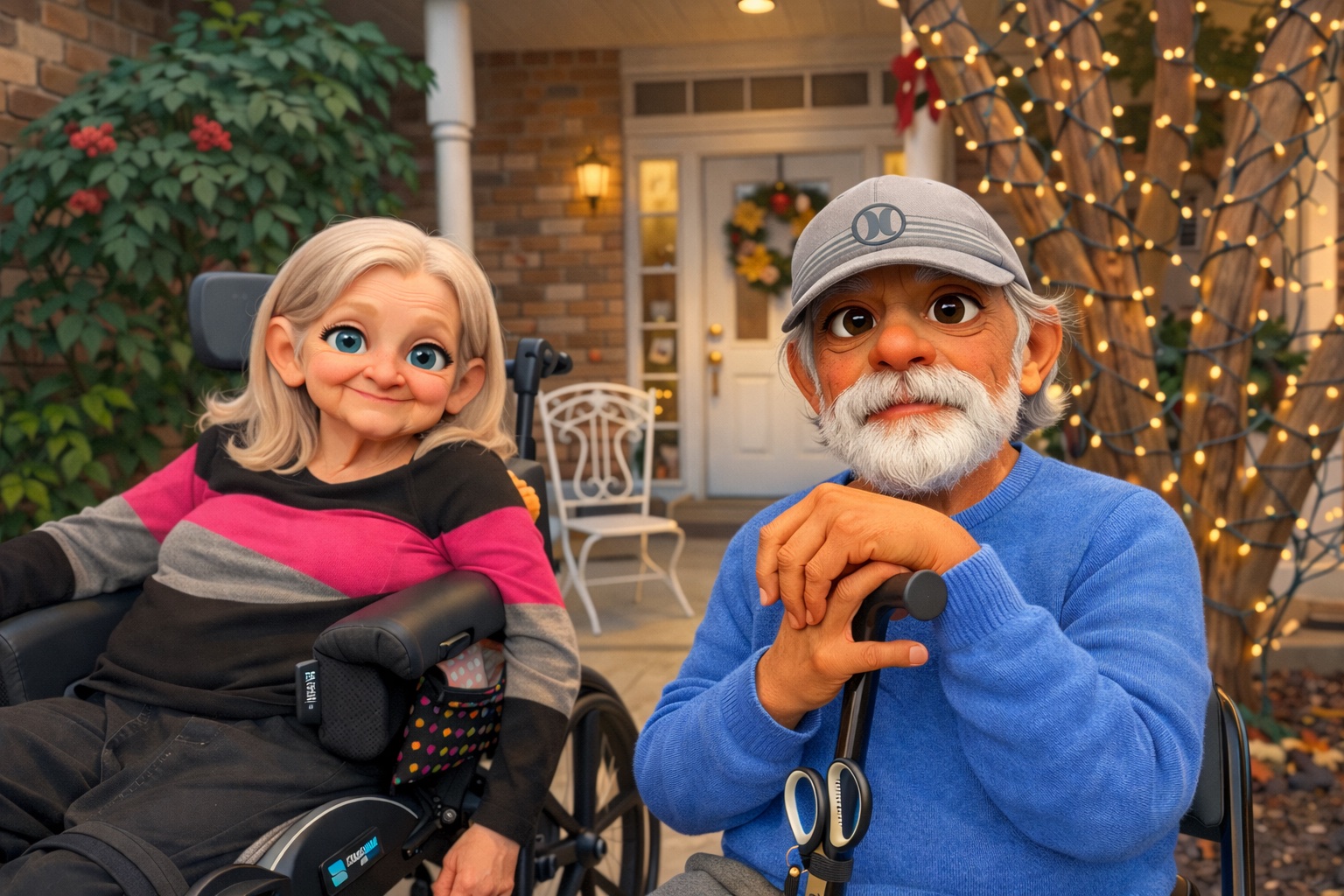 Smiling elderly couple outside their home